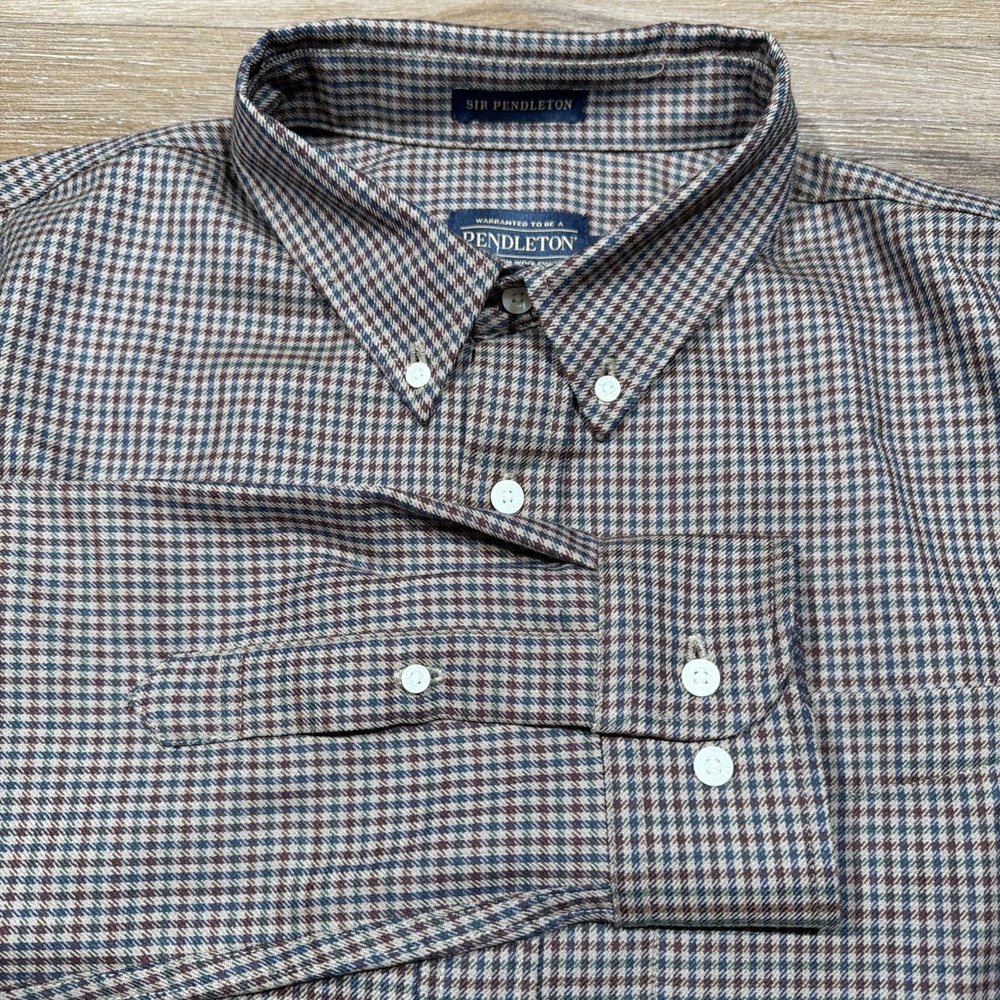 Sir Pendleton Men LARGE Houndstooth Red Brwn Green Merino Wool Long Sleeve Shirt